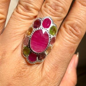 RARE AUTHENTIC MULTI GEM STERLING RING SIZE 8